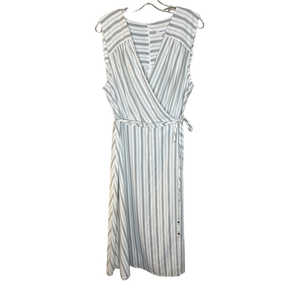 Calvin Klein Sleeveless Wrap Midi Dress in White and Gray Stripes